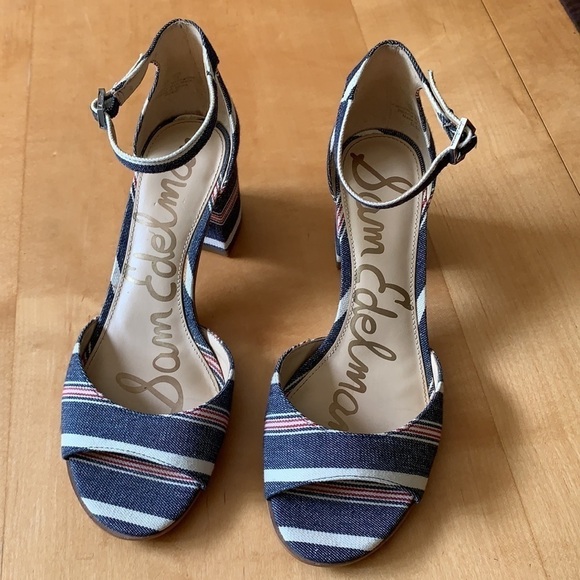 Sam Edelman Susie Stripe Denim Block Heel Sandals 8 - Picture 2 of 8